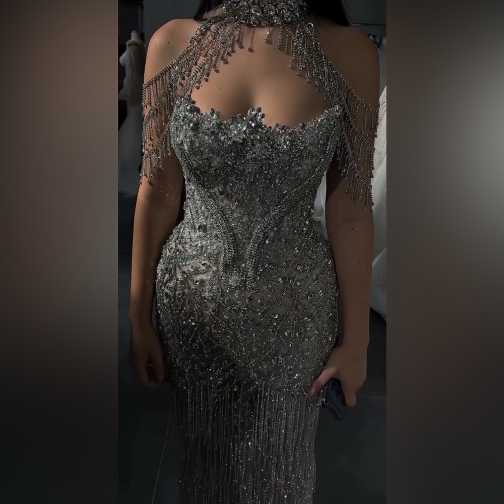 Elegant Silver Custom Beaded Gown
